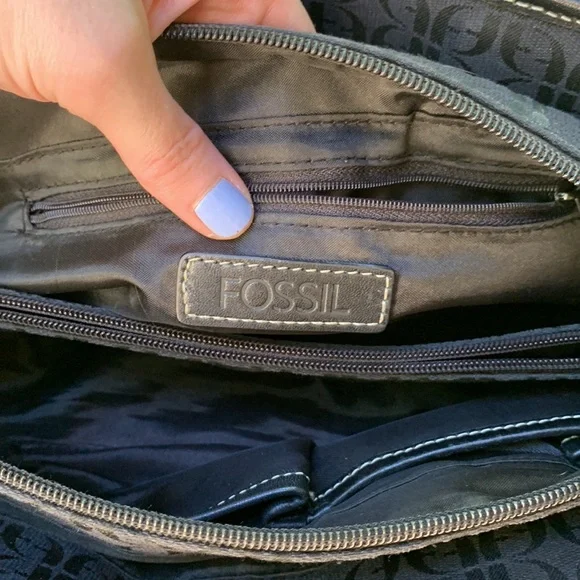 Vintage Fossil Shoulder bag large black leather canvas silver hardware Y2K - Picture 12 of 15